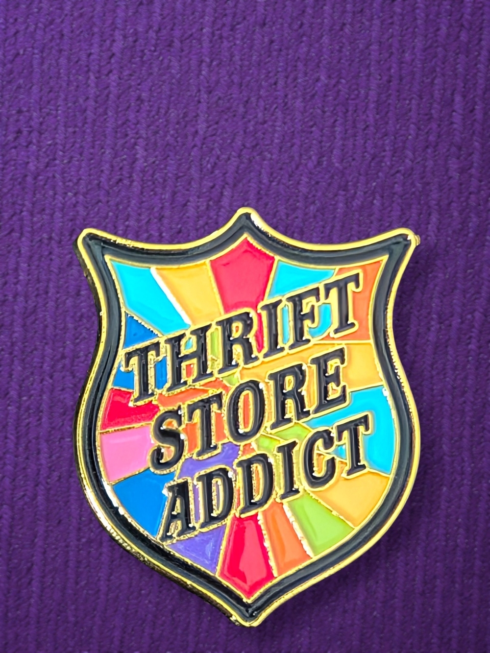 Colorful 'Thrift Store Addict' Enamel Pin - Multicolor
